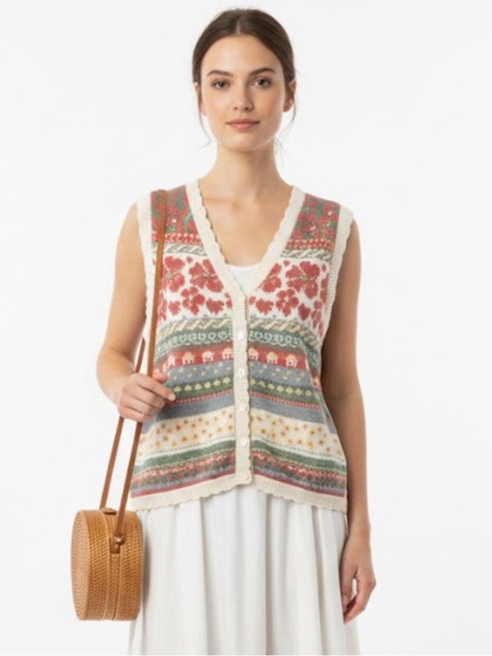 Northern Reflections Multicolor Fair Isle Knit Vest Cream Trim 90s Vintage Retro